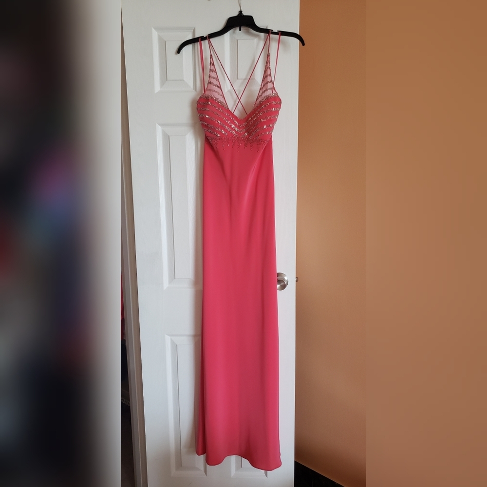 Cache Hot Pink Beaded Spaghetti-Strap Prom Gown